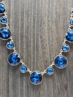 Modern Blue Rhinestone Necklace Gold Tone Adjustable Statement Costume Fashion